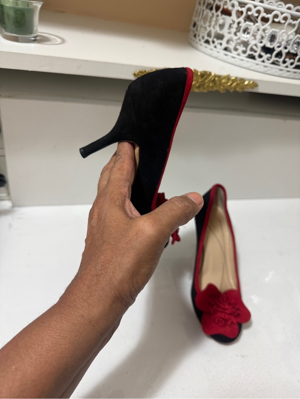 Kate Spade Black Suede Pumps with Red Trim and Floral Accent.Made in Italy - Picture 6 of 15
